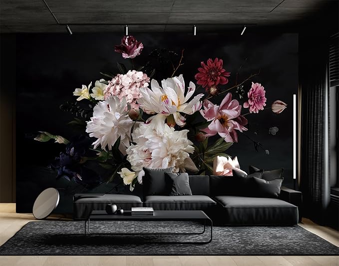 Dark Floral Wallpaper Mural Vintage Peony Flowers Black Background Wall Mural Bedroom (Not Peel and Stick)-Ruum Studio Home