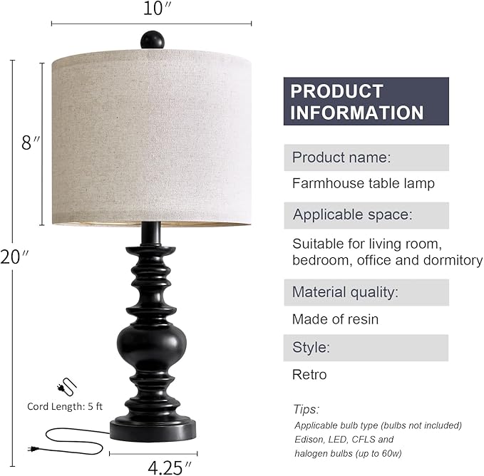 BOBOMOMO 20" Table Lamp Set of 2 for Bedroom Living Room Vintage Rustic Traditional Nightstand Bedside Lamps（Suitable for Decorating Small Areas）-Ruum Studio Home
