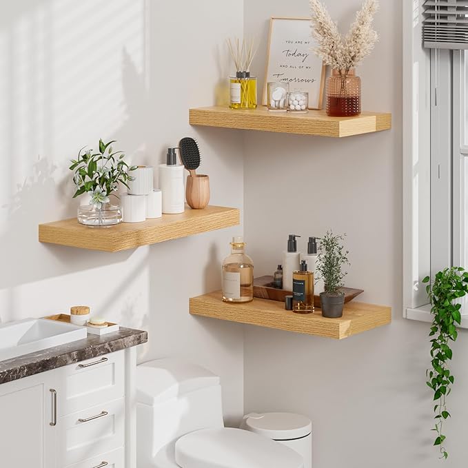 Heimlove 12" Deep Floating Shelves for Wall, 24 Inch Wall Shelf Bathroom Shelves Set of 2, Wall Mounted Shelves for Books Living Room Laundry Room Bedroom Kitchen Home Office, Oak-Ruum Studio Home