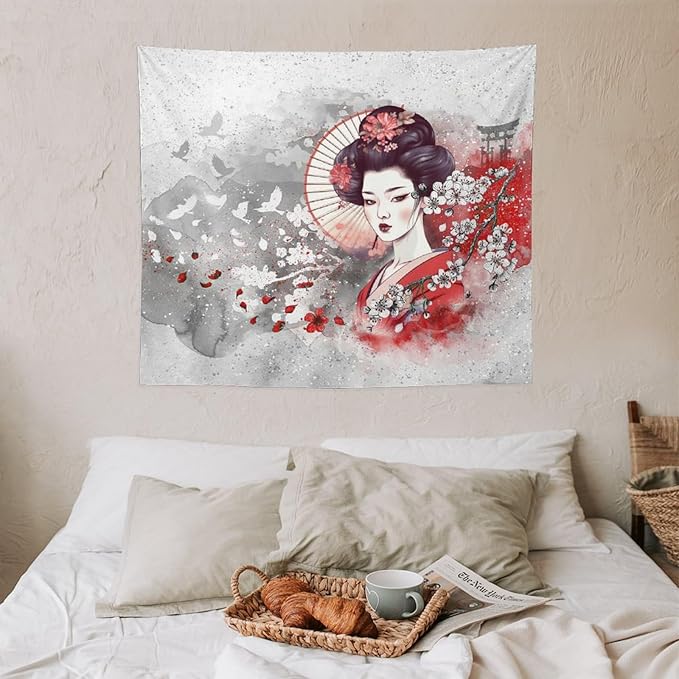 Japanese Geisha Tapestry Asian Red Cherry Blossom Traditional Kimono Folk Tapestries Home Decor for Living Room Bedroom Apartment Farmhouse Dorm 60"x50"-Ruum Studio Home