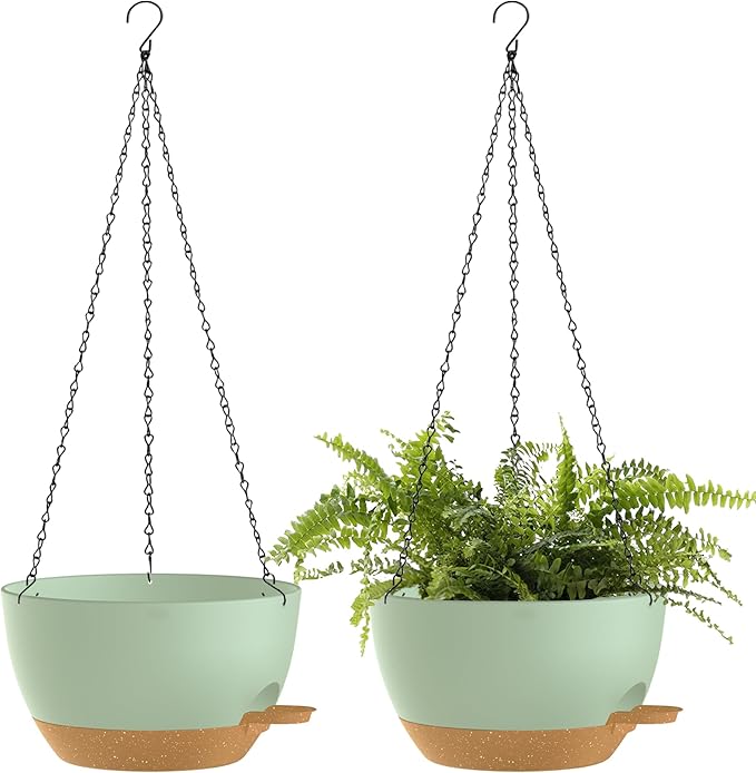 12 Inch Hanging Baskets 2 PC with Chains, Self-Watering Hanging Planters for Indoor Outdoor Plants, Plastic Hanging Flower Pots,Green Brown-Ruum Studio Home
