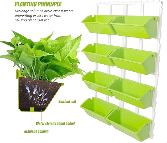8 Pockets Vertical Planters,Wall Mounted Plastic Plant Grow Pots,Wall Pocket Planters for Indoor,Outdoor,Balcony,Garden Decoration,Light Green-Ruum Studio Home