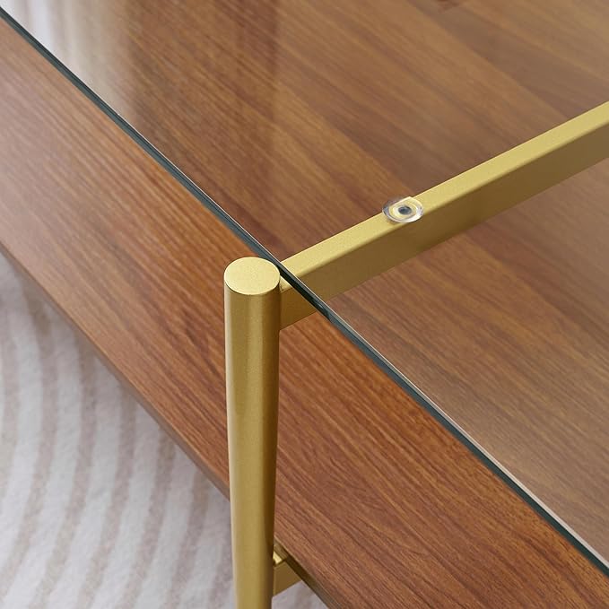 X-Large Rectangle Glass Coffee Table, Mid-Century Modern Design, for Living Room, L47 x W24 x H17 Inch, Clear Glass Top and Walnut MDF Shelf, Sleek Conical Legs with Gold Finish Frame-Ruum Studio Home