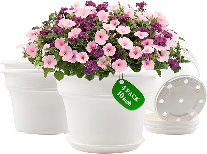 10 Inch Plastic-Flower-Pot-for-Indoor-Plants, 4 Pack Large Outdoor Planter Pot with Drainage Holes & Saucers, Resin Decorative Garden Pots Planters-Ruum Studio Home