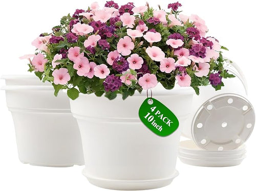 10 Inch Plastic-Flower-Pot-for-Indoor-Plants, 4 Pack Large Outdoor Planter Pot with Drainage Holes & Saucers, Resin Decorative Garden Pots Planters-Ruum Studio Home