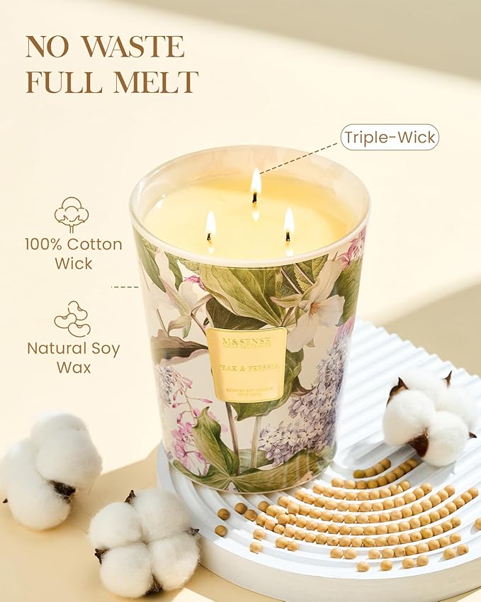 M&SENSE 3 Wick Soy Candles for Home Scented, Pear & Fressia Scented Aromatherapy Candle for Stress Relief, 35oz 150 Hour Burn Time, Long Lasting Highly Scented Candle Gift-Ruum Studio Home