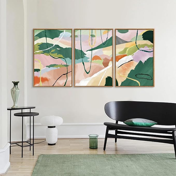 Tinonedraw Colorful Abstract Framed Canvas Wall Art Set of 3, Green and Pink Oils Inks Artwork, Neutral Modern Minimalist Wall Decor for Living Room, Bedroom, Office 16"x24"-Ruum Studio Home
