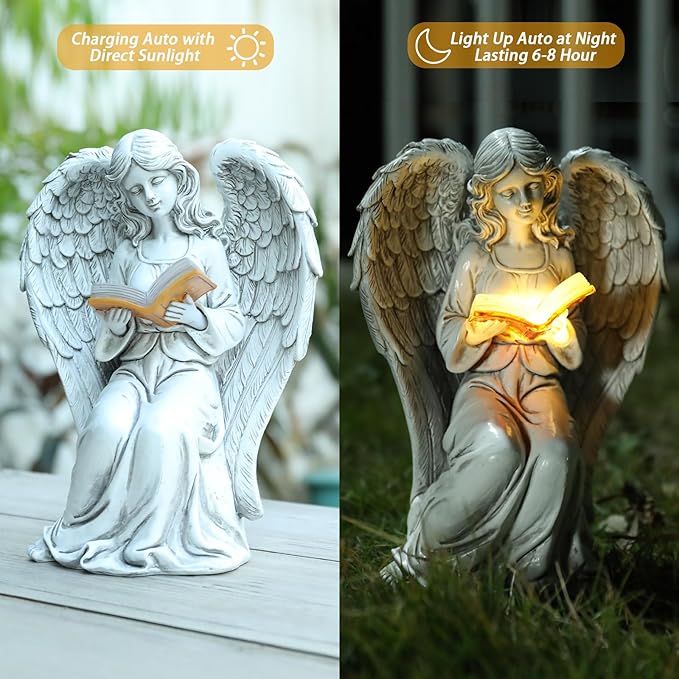 Angel Statue Outdoor Decor, Elegant Angel Garden Statues Reading Book with Solar LED Lights Yard Decorations Lawn Ornaments Figurines Resin Sculpture for Outside, Angel Gardening Gifts-Ruum Studio Home