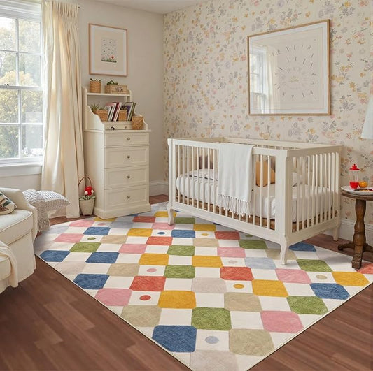 jinchan Area Rug 5x7 Kids Washable Indoor Floor Cover Non-Slip Modern Soft Rug Elementary School Classroom Colorful Diamond Carpet for Nursery Playroom Daycare Bedroom Living Room Circus on Cream-Ruum Studio Home