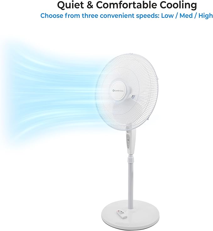 Comfort Zone 18-Inch Oscillating Pedestal Fan with Remote Control, 3-Speed Standing Fan with Adjustable Height (45–52”), Tilt, 4-Hour Timer & Auto Shutoff – Quiet Bedroom Fan, White-Ruum Studio Home