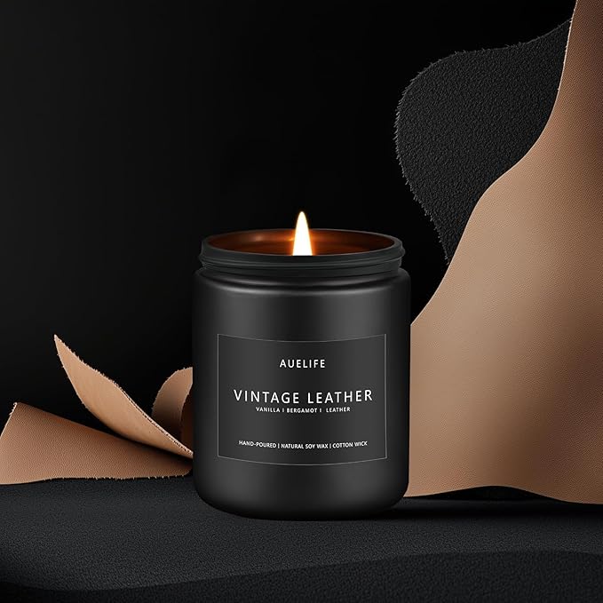Vintage Leather Candle | Men Candles, Soy Candle for Home Scented - Man Scented Candles for Home, Men Gifts for Him - 7oz Black Jar Gifts for Friends-Ruum Studio Home