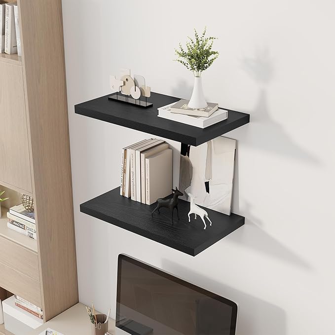 24" Floating Shelves for Wall, 12" Deep Slim Black Floating Shelves, Wall-Mounted Shelves for Bedroom, Living Room, Kitchen, Bathroom - Set of 2-Ruum Studio Home