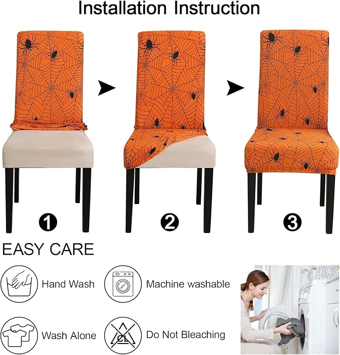 JQinHome Halloween Orange Dining Chair Slipcover, Spider Web Chair Covers Set of 4 ，High Stretch Washable Chair Protector Cover for Dining Room, Kitchen,Home Party,Wedding Ceremony(Orange, 4PC)-Ruum Studio Home
