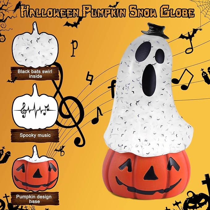 Halloween Snow Globe Lantern Spooky Glost and Pumpkin Halloween Snow Globes Musical Water Glitter Globe with 6H Timer Battery Operated or USB Powered for Spooky Home Decorations (Ghost and Pumpkin)-Ruum Studio Home