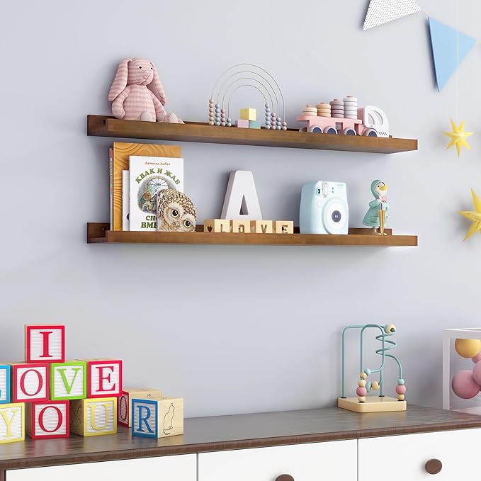 Picture Ledge Wall Shelves 36 inch Width Set of 2, Solid Pine Wood Rustic Floating Ledge Shelves for Wall for Kids' Room Bedroom Kitchen Bathroom Living Room Nursery Display Wall Decor, Walnut-Ruum Studio Home