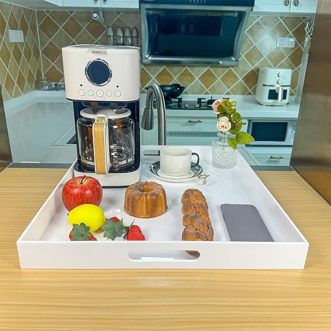White Rectangular 18x20 Inches Acrylic Ottoman Tray Decorative Serving Tray with Cutout Handles Organizer Tray on Coffee Table Countertop Big Breakfast Bed Tray Living Room Appetizer Serving Food-Ruum Studio Home