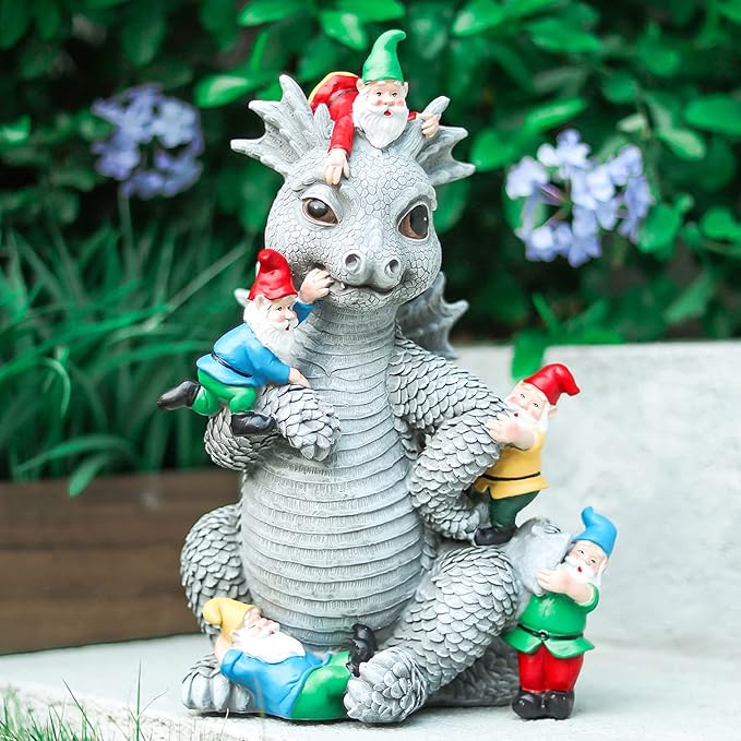 Dragon Gnome Statues Outdoor Decor, 13” Dinosaur Play with Gnomes Garden Statue, Outdoor Statue for All Season Lawn Decor, Garden Decoration, Gardening Gift-Ruum Studio Home