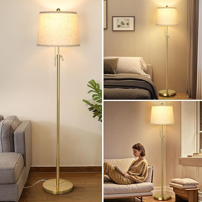 Gold Floor Lamp for Living Room 55-65" Adjustable Modern Brass Standing Lamp with Pull Chain Tall Pole Light with Beige Shade for Bedroom Reading Office Corner Nursery 9W LED Bulb Included 3 ColorTemp-Ruum Studio Home