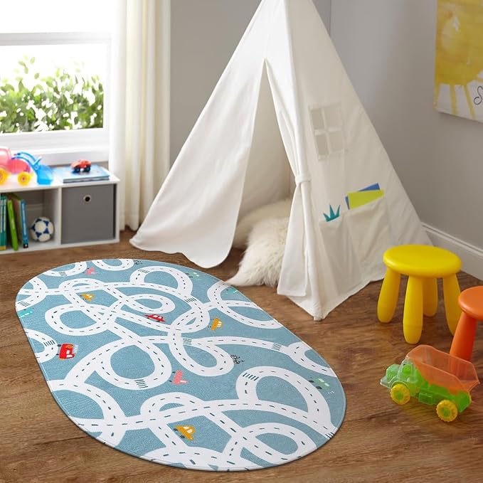 STARUIA Small Road Rug for Kids Room, 3'x5' Washable Kids Play Rug for Baby Nursery, Non-Slip Car Rugs for Playroom, Kid Play Mat Blue Traffic Carpet for Boys Girls Dorm Toy Room Tent-Ruum Studio Home