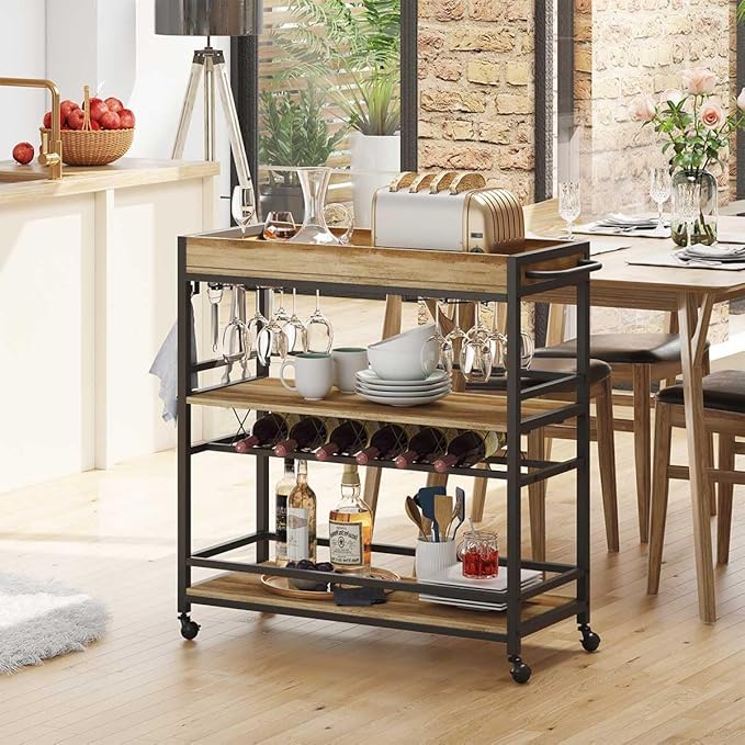 BON AUGURE Bar Cart for The Home, Bar Serving Carts on Wheels, 3 Tier Storage Drink Trolley, Rolling Wood and Metal Liquor Beverage Cart (Vintage Oak)-Ruum Studio Home