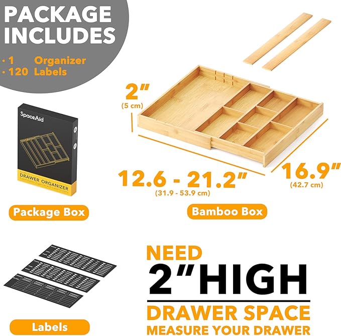 SpaceAid Bamboo Utensil Drawer Organizer with Labels, Kitchen Silverware Expandable Tray Holder Organizer for Flatware, Cutlery, Spoon and Knives Drawer Storage Organization (Natural)-Ruum Studio Home