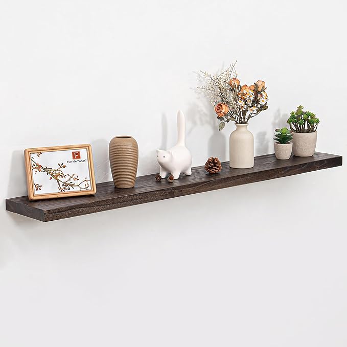 Fun Memories Wood Floating Shelves for Wall, 48 Inch Floating Shelves Wall Mounted, Rustic Elm Wood Shelf for Home Decor, Heavy-Duty Storage Shelves for Living Room, Bathroom, Kitchen, Walnut Finish-Ruum Studio Home