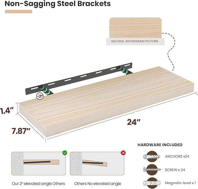 Natural Wood Floating Shelves 24”x 8”x 1.4” Book Shelf Floating for Wall Mounted, Heavy Duty Shelf Hold 60 lbs, Unfinished Wall Shelves for Bathroom, Living Room, Kitchen, Bedroom, Office-Ruum Studio Home