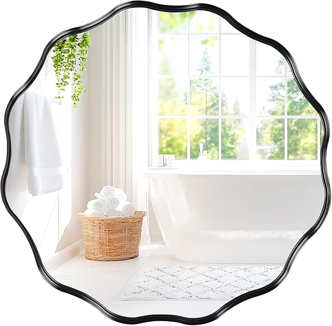 Fabuady Black Round Wavy Edge Mirror - 30'' Circle Wall Mirror with Metal Frame, Decorative Hanging/Leaning Mirror for Bathroom, Bedroom, Living Room, Hallway, Entryway, Office, Home Decor-Ruum Studio Home