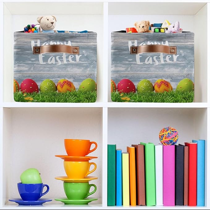 Happy Easter Eggs Storage Basket Cube Storage Bins Organizer Bag Collapsible Closet Shelf Baskets with handle for Baby Cloth Pet Toy Book 14.2×10.2×8.3 IN-Ruum Studio Home