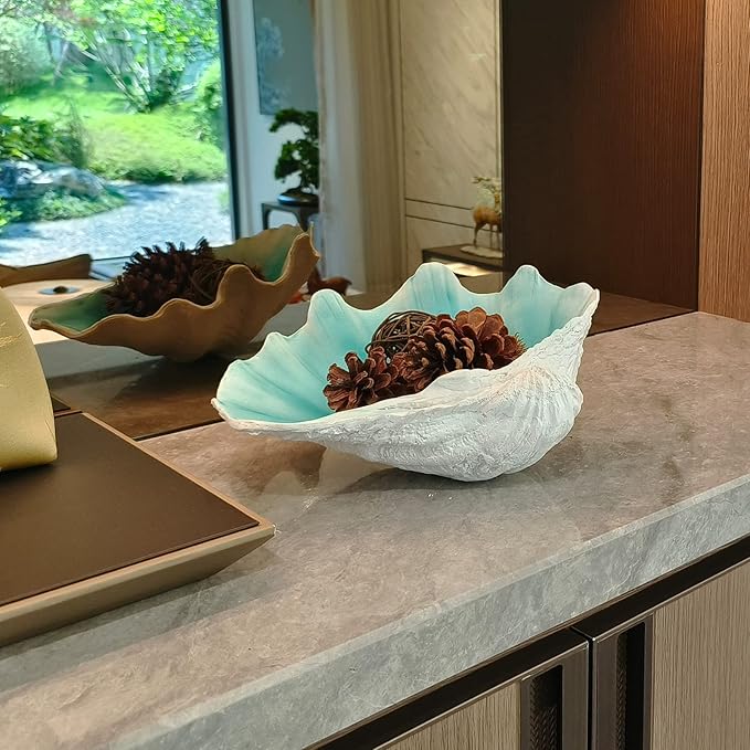 Large Turquoise-Aqua blue Sea Shells Decorative Bowl Resin Clam Shell Bowl Beach Decorations for Home Coastal Beach Decor Decoration Storage Bowls & Home Office Nautical Themed Party Decor -10.2-1PC-Ruum Studio Home