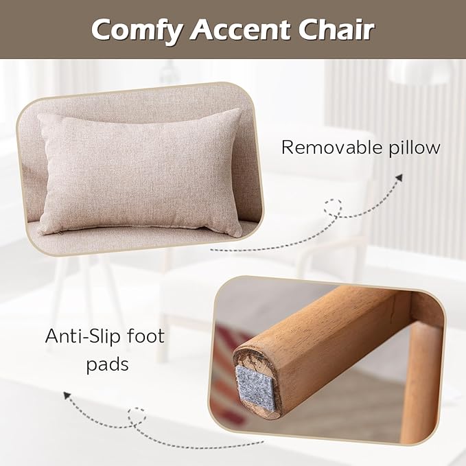 INZOY Mid Century Modern Accent Chair Set of 2, High Back Reading Armchair with Wood Frame, Upholstered Living Room Chairs with Waist Cushion, Single Lounge Arm Chair for Bedroom Sunroom, Beige-Ruum Studio Home