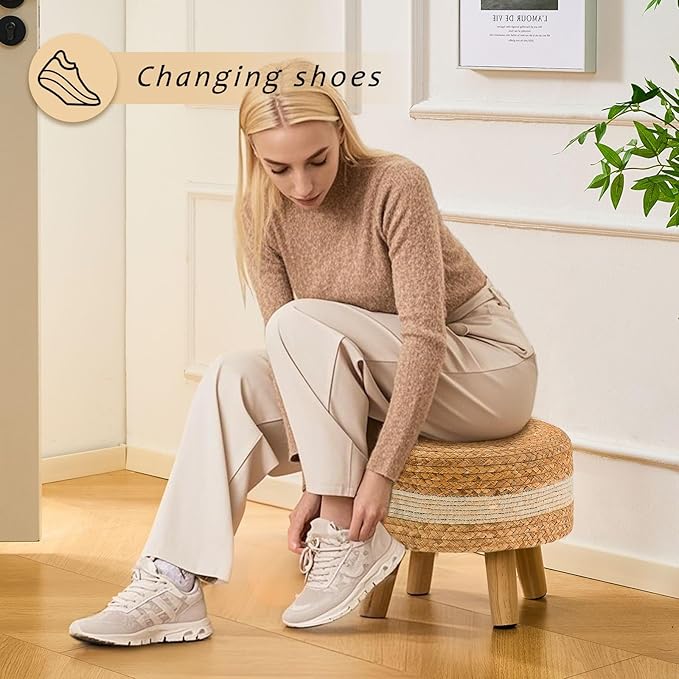 Handwoven Round Ottoman, Natural Water Hyacinth Outdoor Patio Pouf Seagrass Low Stool with Wood Legs, Soft Padded Footrest for Living Room Bedroom Garden, White-Ruum Studio Home