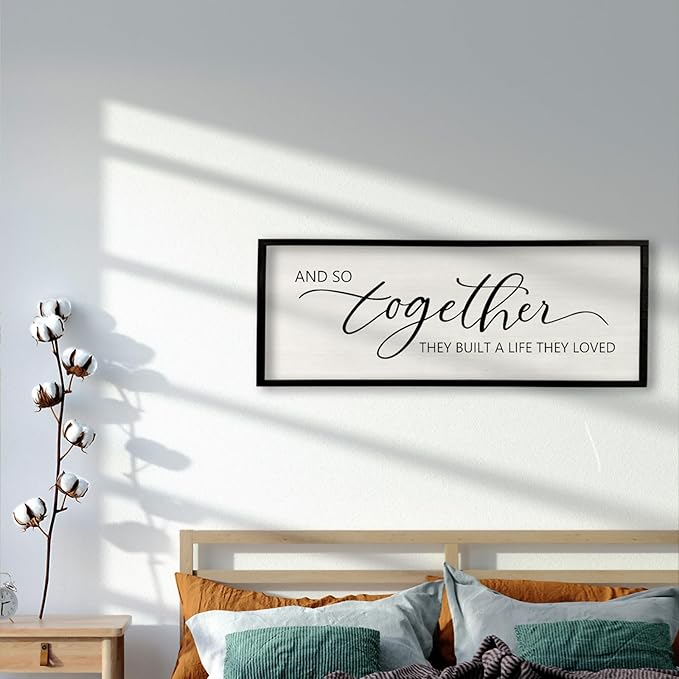 And So Together They Built A Life They Loved Sign 40”X15” Master Bedroom Above Bed Wall Decor Large Framed Wood Farmhouse Sign for Over Bed Bedside Wall Art for Love Sign Decor (Black)-Ruum Studio Home