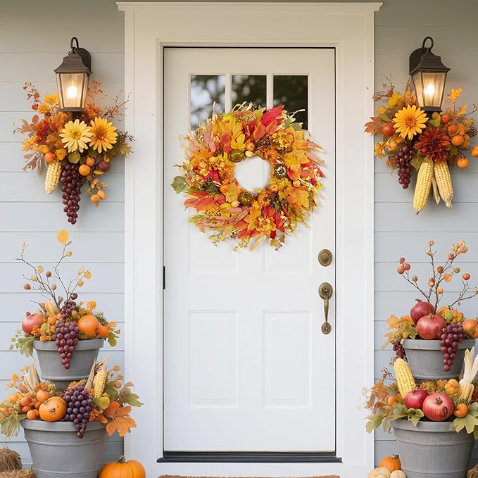Fall Wreath for Front Door,24" Autumn Front Door Wreath Fall Decorations with Pumpkins Hydrangea Maple Leaves for Porch Window Farmhouse Halloween Thanksgiving Harvest Festival Home Decor-Ruum Studio Home