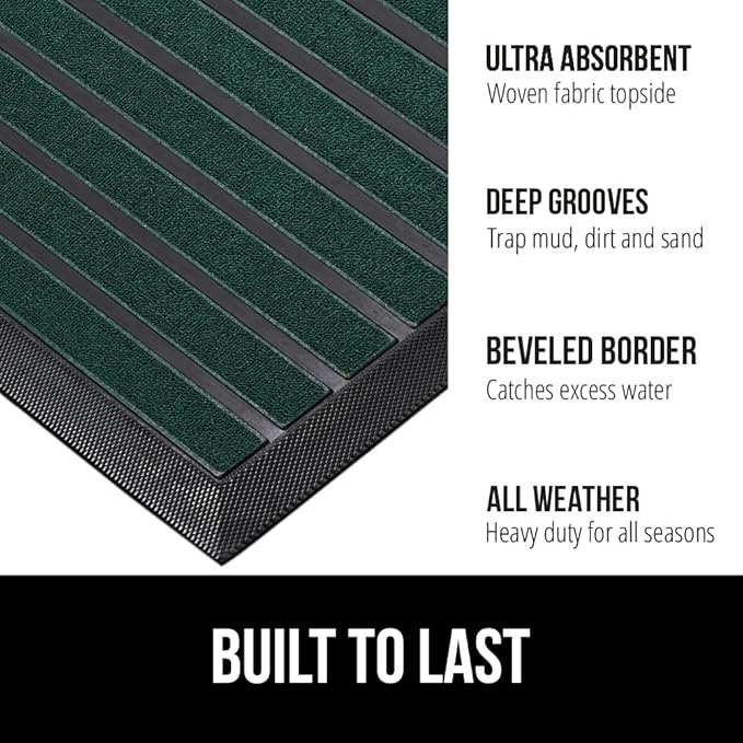 GORILLA GRIP 100% Waterproof All-Season WeatherMax Doormat US Designed Natural Rubber, Stain and Fade Resistant, Low Profile Indoor Outdoor Door Mats, Easy Clean Patio Mat, 17x29, Green Stripe-Ruum Studio Home