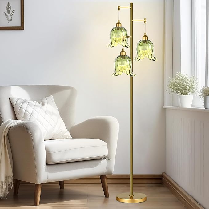 Gold Floor Lamp for Living Room,Bedroom,Tree 3 Light Standing Lamp Mid Century Modern Brass Tall Floor Lamps Vintage Retro Floor Lights Green Glass Flower Lamp Shade Farmhouse Boho Bohemian-Ruum Studio Home