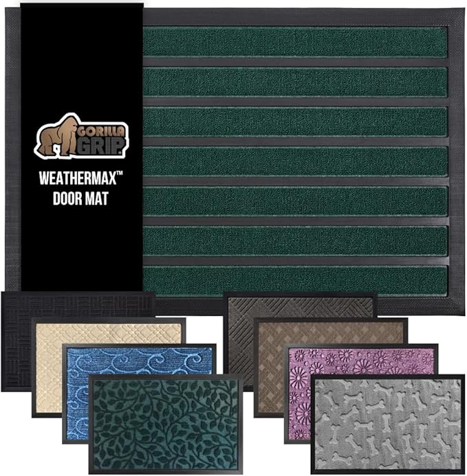 GORILLA GRIP 100% Waterproof All-Season WeatherMax Doormat US Designed Natural Rubber, Stain and Fade Resistant, Low Profile Indoor Outdoor Door Mats, Easy Clean Patio Mat, 17x29, Green Stripe-Ruum Studio Home
