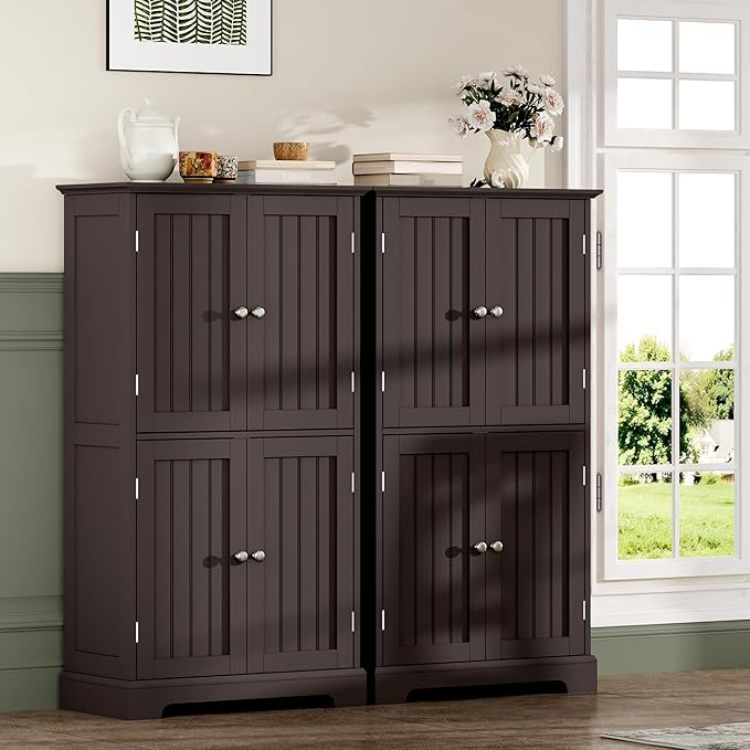 ChooChoo Bathroom Floor Cabinet, Modern Bathroom Storage Cabinet with 4 Doors and Adjustable Shelves, Freestanding Cupboard for Living Room, Espresso-Ruum Studio Home