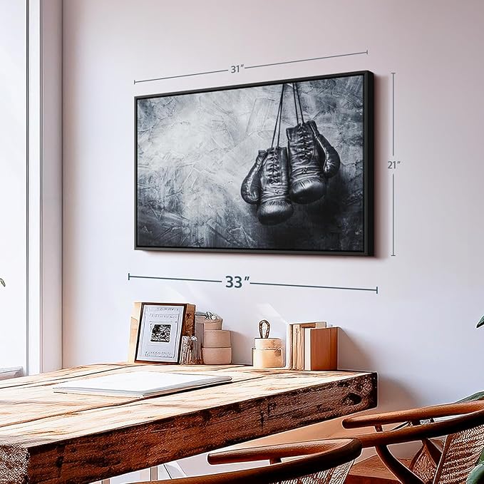 ElephantStock Boxing Gloves Wall Art - Horizontal Framed Canvas - 1-Piece Living Room Wall Decor - Photography Sports Canvas Print - Black and Gray Decor for Wall - 31" X 21"-Ruum Studio Home