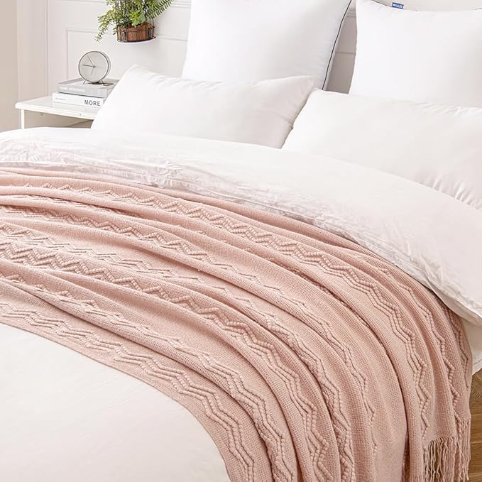 MIULEE Light Pink Knitted Throw Blanket for Couch Bed, Boho Textured Cozy Woven Decorative Farmhouse Blanket with Tassels for Sofa Chair Living Room 50"x60"-Ruum Studio Home