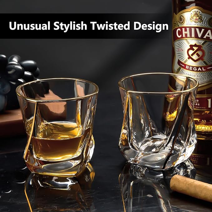 Crystal Whiskey Glasses Set of 2 with 24K Gold Rim,Bar Glasses,Twisted Whiskey Glass Gold Collection for Bourbon,Scotch and Wine,Rock Barware for Men Gift - 8oz-Ruum Studio Home