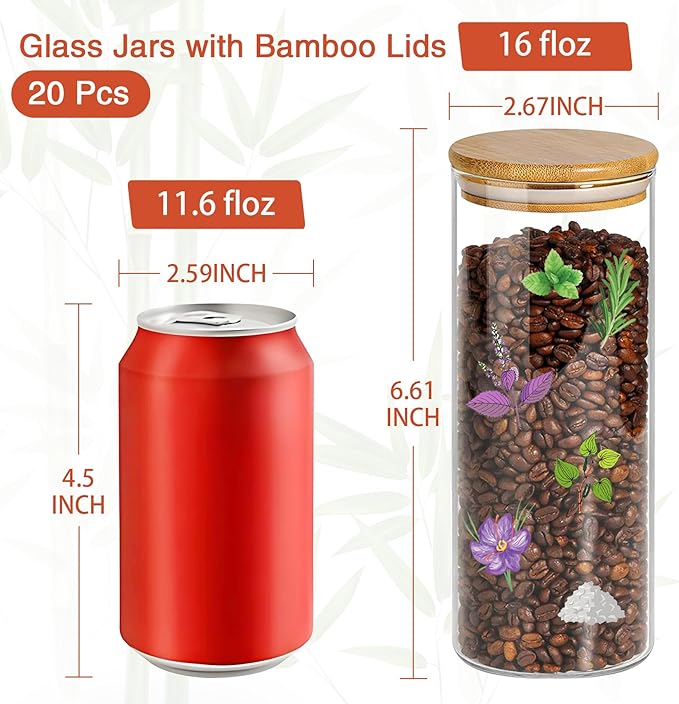 16 oz 20 pcs Glass Jars with Bamboo Lids, Stackable Clear Food Storage Jars, Airtight Kichen Glass Pantry Storage Containers with Lids for Rice, Candy, Sugar, Flour, Nuts, Cookie, Spice-Ruum Studio Home