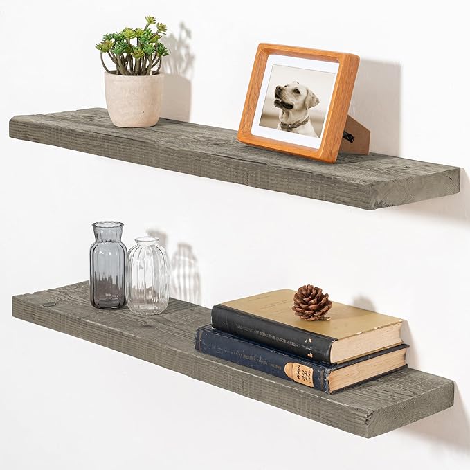 Fun Memories Floating Shelves for Wall Decor, 30"x8" Rustic Reclaimed Wood Shelves, Heavy-Duty Wall Mounted Shelves with Invisible Brackets, Set of 2for Living Room, Bedroom, Kitchen, Grey Finish-Ruum Studio Home