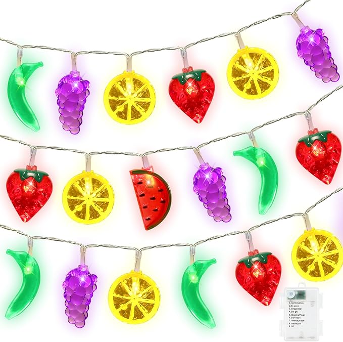 Couah [ 8 Modes & Timer ] 30 LED 16 Ft Summer Tropical String Lights Strawberry Grape Watermelon Lemon Banana Fairy Lights Battery Operated for Tropical Party Pool Beach Summer Decorations-Ruum Studio Home