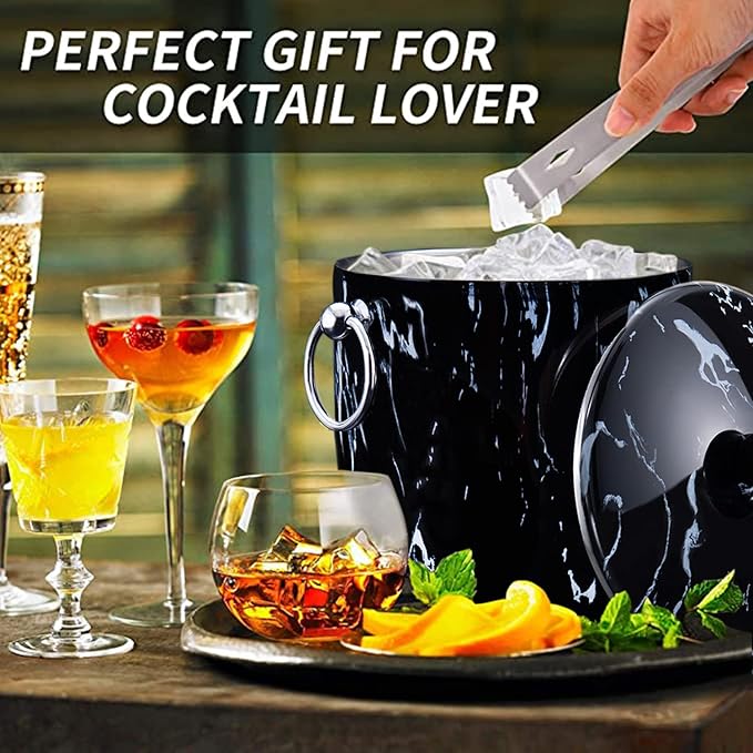 Ice Bucket with Lid, Scoop, Tongs and Strainer - Well Made Insulated Stainless Steel Keep Ice Frozen Longer - Ideal for Cocktail Bar, Parties, Chilling Wine, Champagne - 3 Liter (Black Marble)-Ruum Studio Home