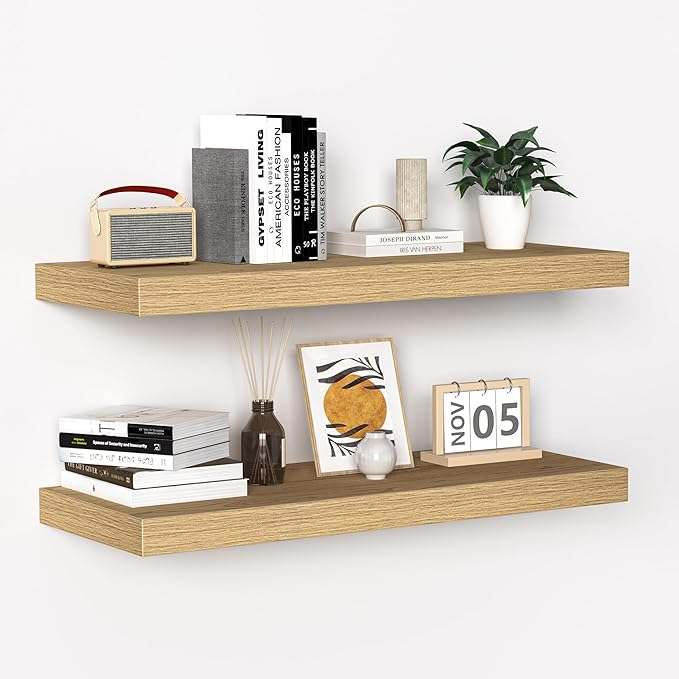 Fun Memories Floating Shelves - 24 Inch Rustic Wooden Wall Shelves - Extra Deeper & Thicker Wall Mounted Storage Shelf for Living Room, Kitchen, Farmhouse - 24" x 9" x 1.6" 2Pack, Oak-Ruum Studio Home
