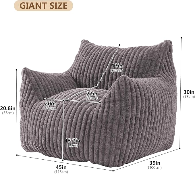 Giant Bean Bag Chairs for Adults with Filling Plush Fluffy Bean Bag Chairs for Teens with Armrests Comfy BeanBag Lazy Couch Sofa Chair for Bedroom Living Room Reading-Ruum Studio Home