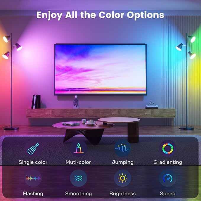 RGB Floor Lamp, 36W LED Dimmable Standing Lamp with 3 Swivel Lights, Color Changing Tall Lamp with Remote, Stepless Dimmable Modern Floor Lamps for Living Room, Bedroom, Gaming Room,Office-Ruum Studio Home