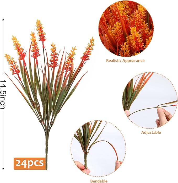 Geegoods 24 Bundles Artificial Fall Flowers Outdoor – Faux Lavender Flowers with Monkey Grass UV Resistant Plastic Faux Plants for Garden Porch Patio Home Decor, Autumn-Orange Color-Ruum Studio Home