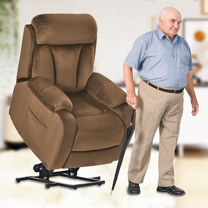 Power Lift Chair Recliners for Elderly, Modern Adult Power Lift Recliner, Velvet Upholstery Electric Lift Chair Recliner with Side Pocket for Living Room (Brown)-Ruum Studio Home